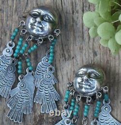 Federico Jimenez Sterling Clip Earrings Moon Face Birds Handmade Mexico Folk Art