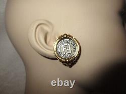 Fendi Logo Coin Clip Earrings 18kt Gold-Plated Gunmetal Vintage -Minty