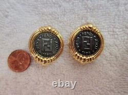 Fendi Logo Coin Clip Earrings 18kt Gold-Plated Gunmetal Vintage -Minty