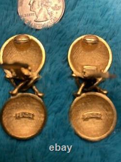 Fendi Vintage Gold Plate Clip Dangle Earrings Double Fendi Logos