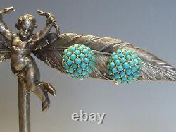 Fine Pair Antique Gold Set Turquoise Clip On Earrings
