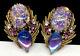 Florenza Signed Earrings Vintage Gilt Purple Glass Dragons Breath Clip On A20