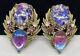 Florenza Signed Earrings Vintage Gilt Purple Glass Dragons Breath Clip On A60