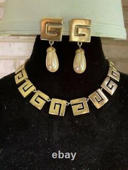 GIVENCHY Necklace & Clip Earrings Set, Vintage Jewelry, Designer G Logo Runway