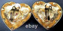 GIVENCHY New Old Stock Oversized Faux Pearl Golden Heart Vintage Clip Earrings