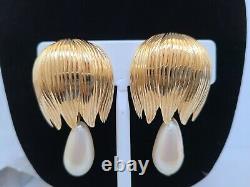 GIVENCHY Vintage Signed Gold Tone Dangling Pearl Clip Big Earrings