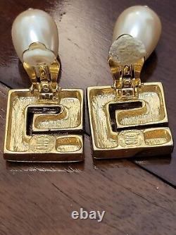 Genuine Givenchy G Logo Faux Pearl Earrings Vintage RARE Clip On