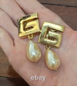 Genuine Givenchy G Logo Faux Pearl Earrings Vintage RARE Clip On