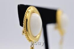 Givenchy Cabochon Clip Earrings Gold White Dangle Vintage Signed Runway BinAG