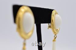Givenchy Cabochon Clip Earrings Gold White Dangle Vintage Signed Runway BinAG