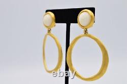 Givenchy Clip Earrings Brushed Gold Cabochon Dangle Hoops Vintage Runway Bin8