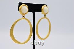 Givenchy Clip Earrings Brushed Gold Cabochon Dangle Hoops Vintage Runway Bin8