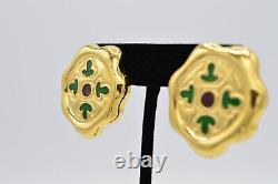 Givenchy Clip Earrings Chunky Gold Green Red Enamel Vintage Runway Signed BinZ