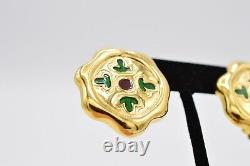Givenchy Clip Earrings Chunky Gold Green Red Enamel Vintage Runway Signed BinZ