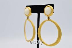 Givenchy Earrings Clip Brushed Gold Cabochon Dangle Hoops Vintage Runway Bin8