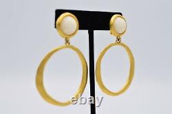 Givenchy Earrings Clip Brushed Gold Cabochon Dangle Hoops Vintage Runway Bin8