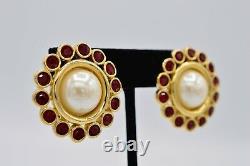 Givenchy Earrings Clip On Gold Red Rhinestone Crystal Pearl Vintage Runway BinAA