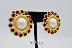 Givenchy Earrings Clip On Gold Red Rhinestone Crystal Pearl Vintage Runway BinAA