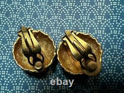 Givenchy Earrings Vintage 80s Gold Signed Domed Button Leaf Scale Clip On