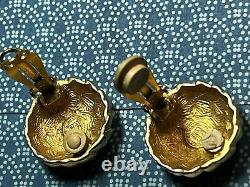 Givenchy Earrings Vintage 80s Gold Signed Domed Button Leaf Scale Clip On