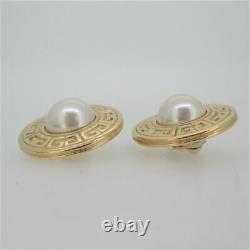 Givenchy Large Vintage Gold Tone Faux Pearl Logo Clip On Signed Earrings