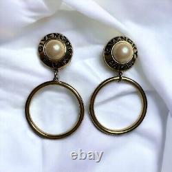 Givenchy Paris NY Gold Tone Hoop Pearl Logo Vintage RARE Logo Clip On Earrings