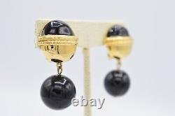 Givenchy Signed Clip Earrings Black Gold Enamel Ball Dangle Vintage Runway BinAB