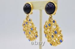 Givenchy Signed Earrings Clip Cabochon Blue Dangle Chunky Vintage Runway BinX