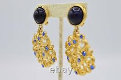 Givenchy Signed Earrings Clip Cabochon Blue Dangle Chunky Vintage Runway BinX