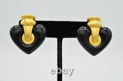 Givenchy Signed Earrings Clip On Brushed Gold Black Heart Vintage Runway Bin1
