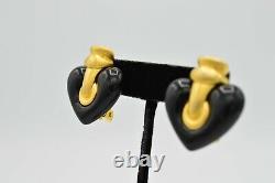 Givenchy Signed Earrings Clip On Brushed Gold Black Heart Vintage Runway Bin1