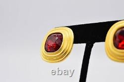 Givenchy Signed Vintage Clip On Earrings Brushed Gold Red Crystal Runway BinX