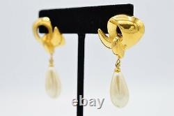 Givenchy Signed Vintage Earrings Clip On Dangle Gold Faux Pearl Vintage BinW
