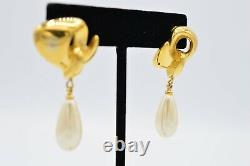 Givenchy Signed Vintage Earrings Clip On Dangle Gold Faux Pearl Vintage BinW