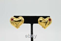 Givenchy Signed Vintage Earrings Clip On Red Rhinestone Heart Logo Runway 80s 9D