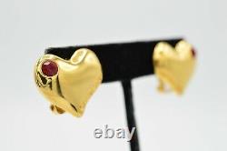 Givenchy Signed Vintage Earrings Clip On Red Rhinestone Heart Logo Runway 80s 9D