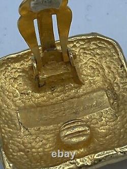 Givenchy Square Embossed Logo Gold Tone Clip On Earrings Parfums Vintage