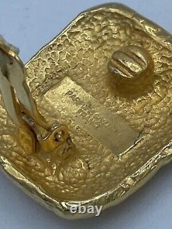 Givenchy Square Embossed Logo Gold Tone Clip On Earrings Parfums Vintage