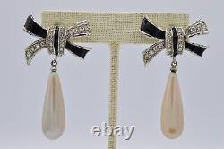 Givenchy Vintage Bow Clip Earrings Black Pearl Rhinestone Enamel Signed BinAF