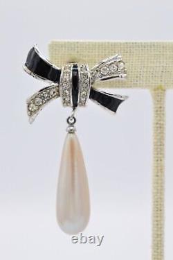 Givenchy Vintage Bow Clip Earrings Black Pearl Rhinestone Enamel Signed BinAF