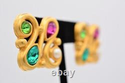 Givenchy Vintage Cabochon Clip Earrings Brushed Gold Pink Green Signed 80s BinAZ