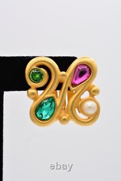 Givenchy Vintage Cabochon Clip Earrings Brushed Gold Pink Green Signed 80s BinAZ