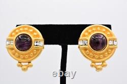 Givenchy Vintage Cabochon Clip Earrings Brushed Gold Purple Signed AS IS BinAB