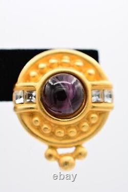 Givenchy Vintage Cabochon Clip Earrings Brushed Gold Purple Signed AS IS BinAB