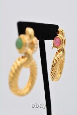 Givenchy Vintage Clip Cabochon Earrings Green Pink Door Knockers Signed BinAY