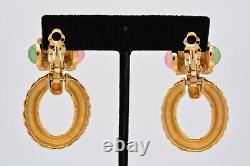 Givenchy Vintage Clip Cabochon Earrings Green Pink Door Knockers Signed BinAY