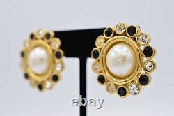Givenchy Vintage Clip Earrings Black Crystal Gold Pearl Chunky Signed Runway 9I