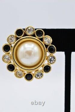 Givenchy Vintage Clip Earrings Black Crystal Gold Pearl Chunky Signed Runway 9I
