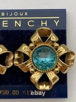 Givenchy Vintage Clip Earrings Blue Gold Ribbon Runway Signed 80s SOME TARNISH