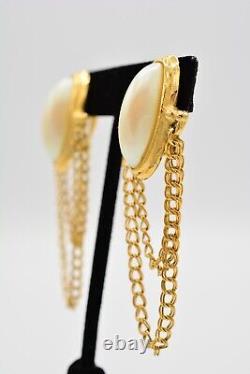 Givenchy Vintage Clip Earrings Chain Pearl Brushed Gold Runway Signed 80s BinAR